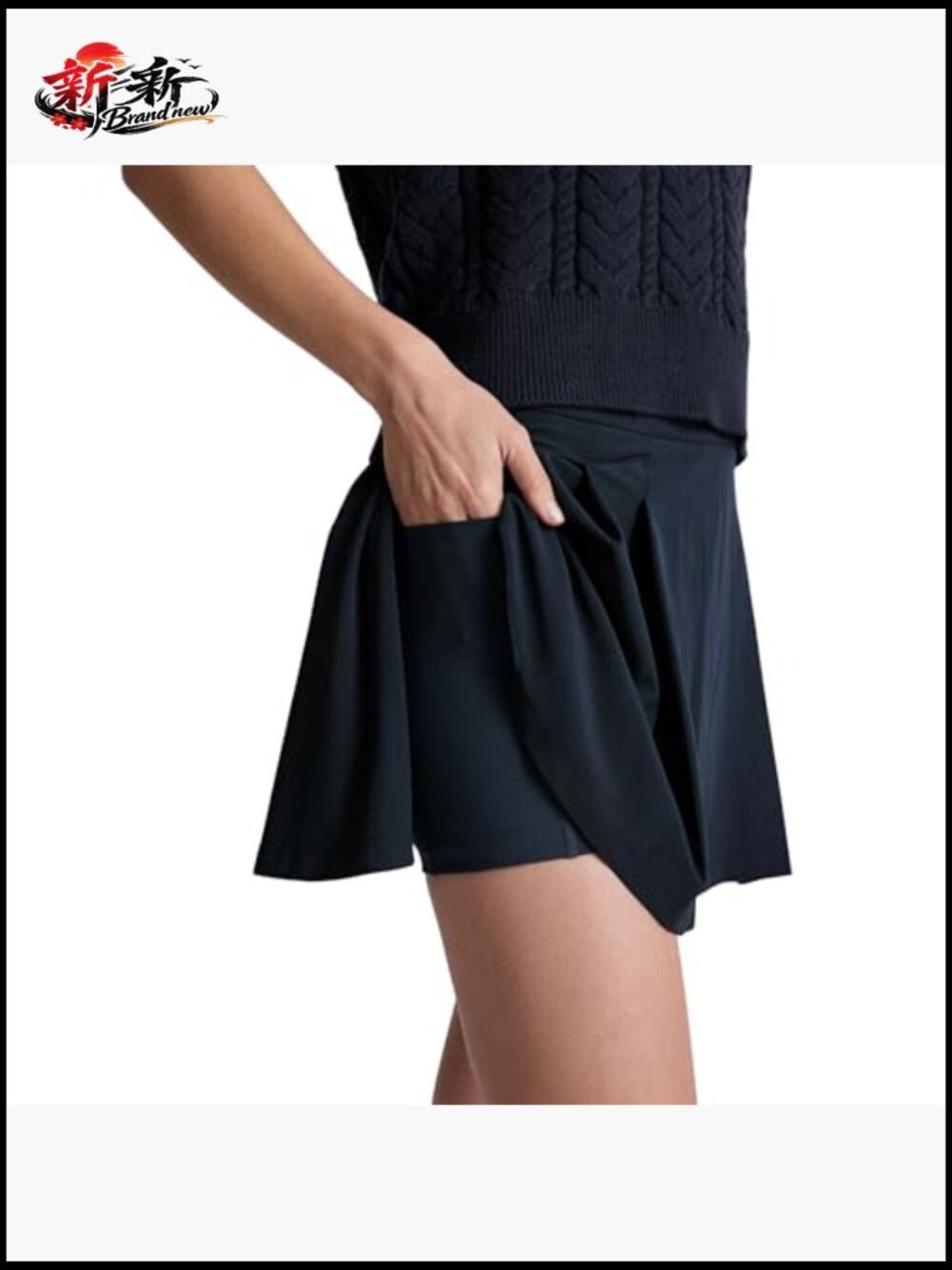 Pleated Athletic Skirt with Built-in Shorts, Performance Fabric, Navy - Picture 3 of 5